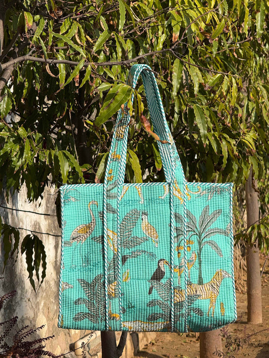 Handblock Printed Quilted Tote Bag with concealed zip - The Comfy Dreams