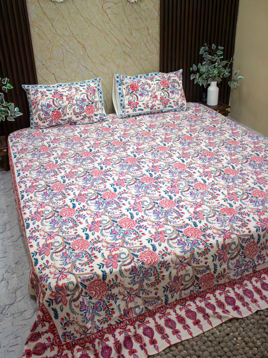 Blooming Mari Premium Hand Block Bedsheet - The Comfy Dreams
