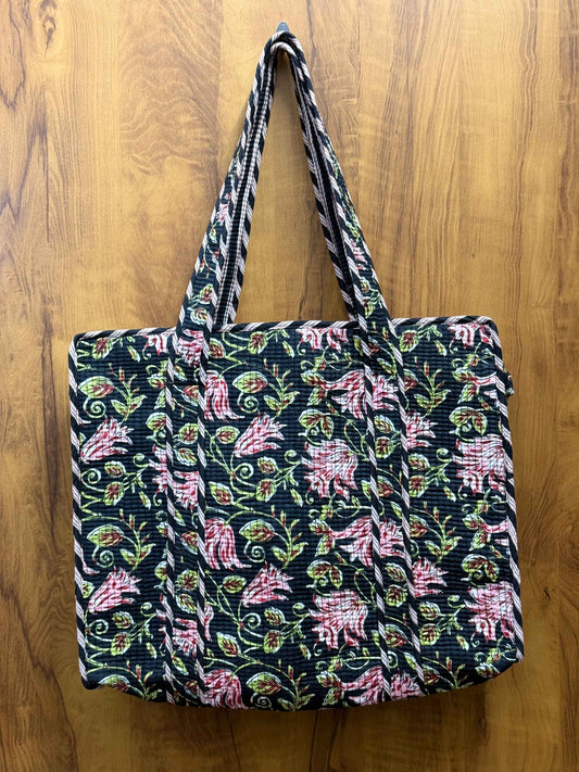 Handblock Printed Quilted Tote Bag with concealed zip - The Comfy Dreams