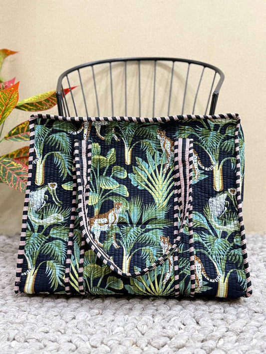 Handblock Printed Quilted Tote Bag with concealed zip - The Comfy Dreams