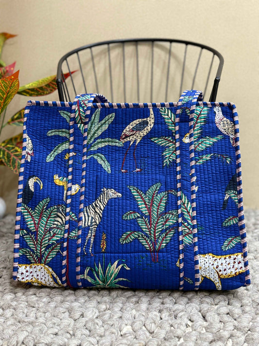 Handblock Printed Quilted Tote Bag with concealed zip - The Comfy Dreams