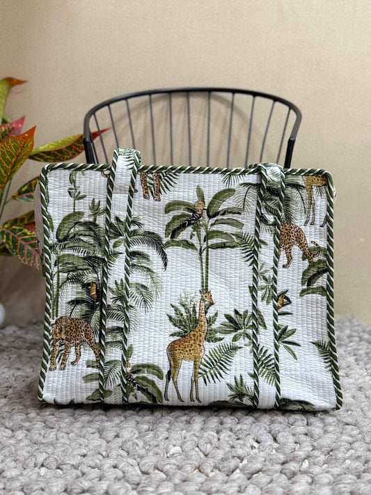 Handblock Printed Quilted Tote Bag with concealed zip - The Comfy Dreams