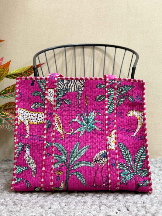 Handblock Printed Quilted Tote Bag with concealed zip - The Comfy Dreams