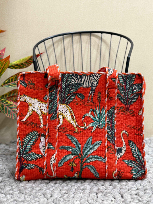 Handblock Printed Quilted Tote Bag with concealed zip - The Comfy Dreams