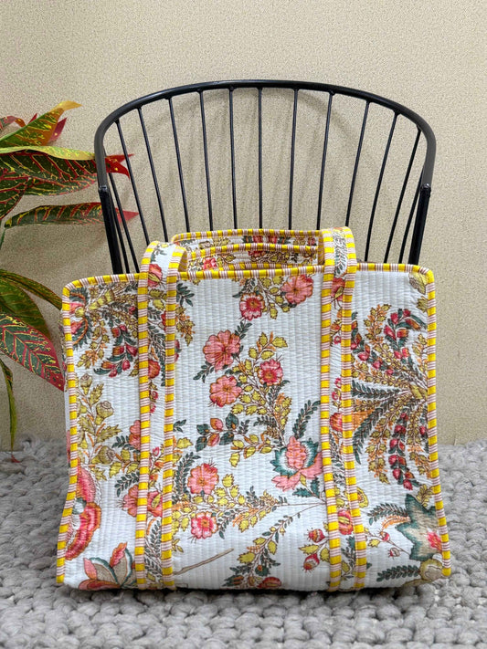 Handblock Printed Quilted Tote Bag with concealed zip - The Comfy Dreams