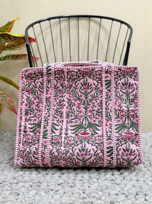 Handblock Printed Quilted Tote Bag with concealed zip - The Comfy Dreams
