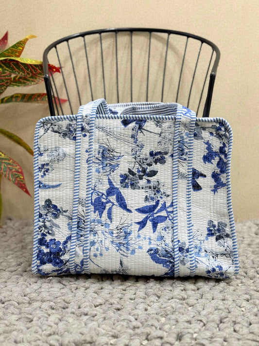 Handblock Printed Quilted Tote Bag with concealed zip - The Comfy Dreams