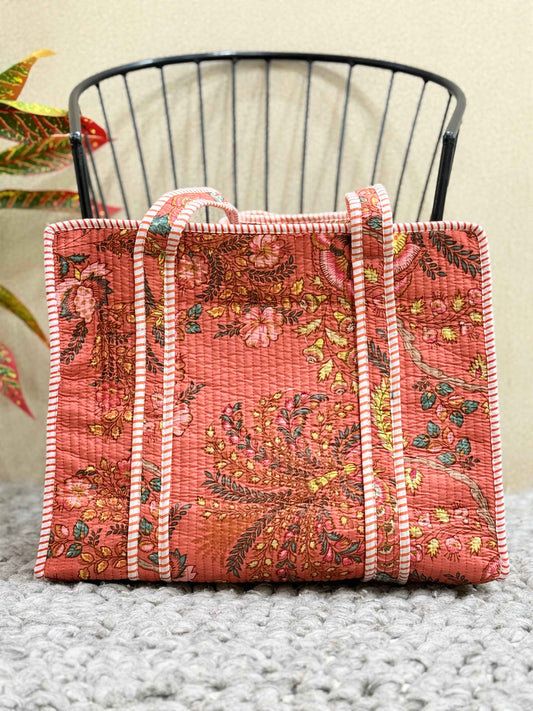 Handblock Printed Quilted Tote Bag with concealed zip - The Comfy Dreams