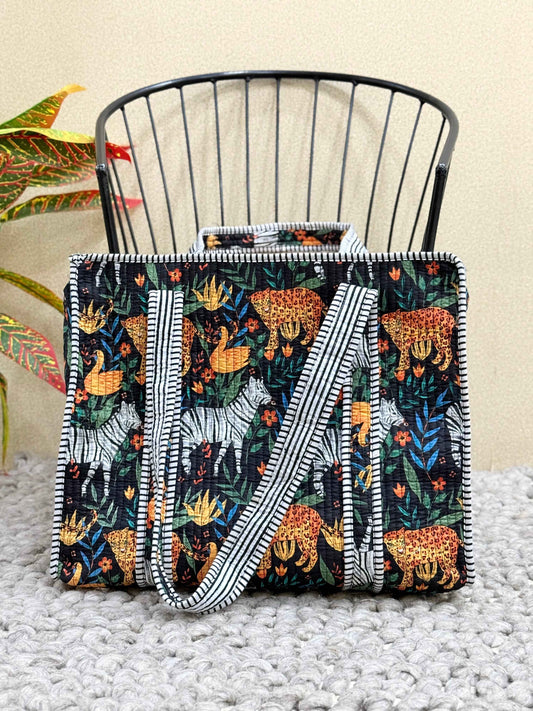 Handblock Printed Quilted Tote Bag with concealed zip - The Comfy Dreams