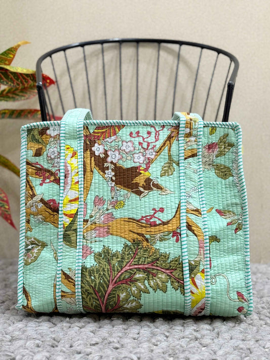 Handblock Printed Quilted Tote Bag with concealed zip - The Comfy Dreams