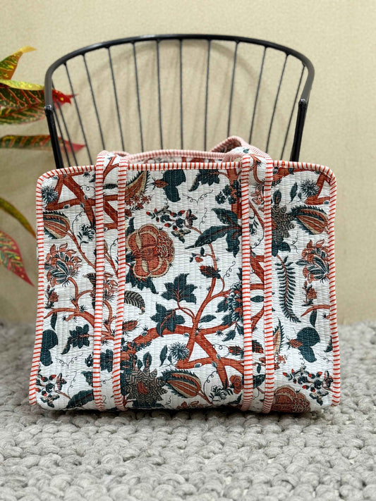 Handblock Printed Quilted Tote Bag with concealed zip - The Comfy Dreams