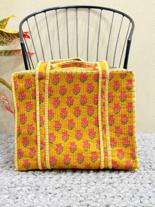 Handblock Printed Quilted Tote Bag with concealed zip - The Comfy Dreams