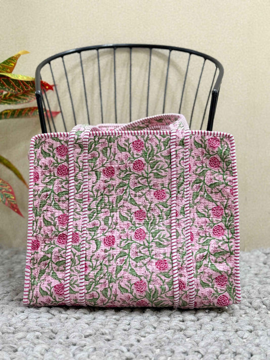 Handblock Printed Quilted Tote Bag with concealed zip - The Comfy Dreams