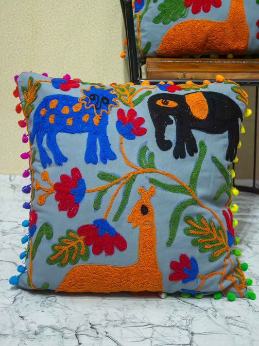 Suzani Embroidered Pom Pom Cushion Cover - The Comfy Dreams