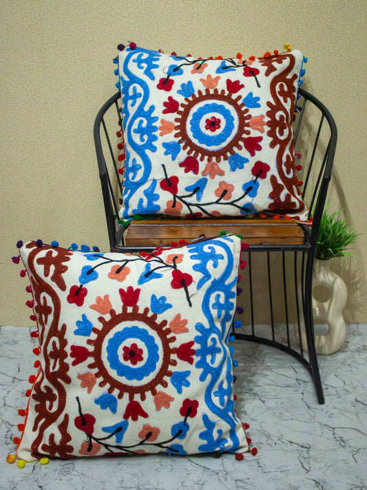 Suzani Embroidered Pom Pom Cushion Cover - The Comfy Dreams