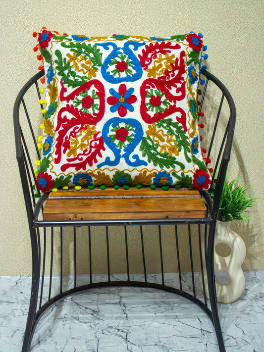 Suzani Embroidered Pom Pom Cushion Cover - The Comfy Dreams