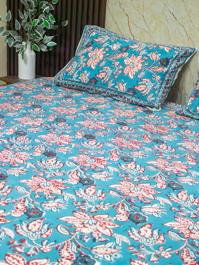 Floral Blue Premium Hand Block Bedsheet - The Comfy Dreams