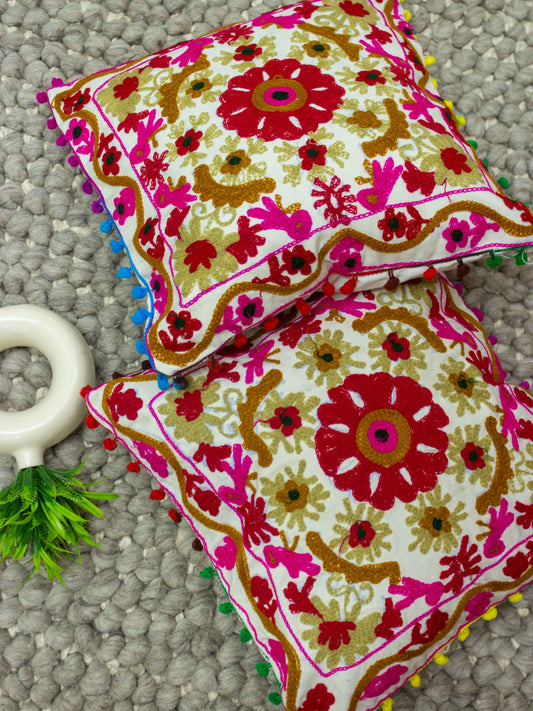 Suzani Embroidered Pom Pom Cushion Cover - The Comfy Dreams