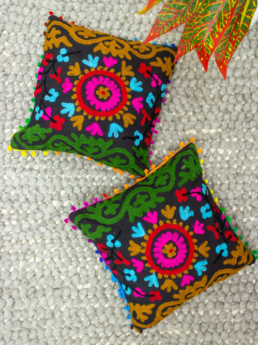 Suzani Embroidered Pom Pom Cushion Cover - The Comfy Dreams