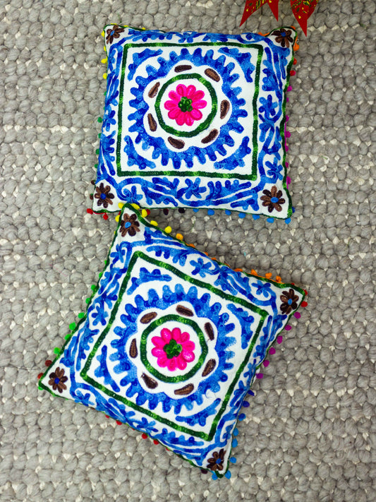 Suzani Embroidered Pom Pom Cushion Cover - The Comfy Dreams