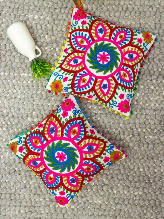 Suzani Embroidered Pom Pom Cushion Cover - The Comfy Dreams