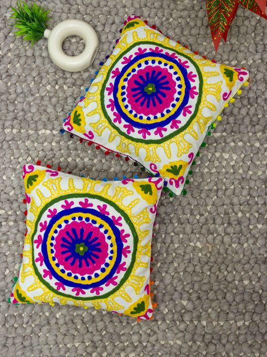 Suzani Embroidered Pom Pom Cushion Cover - The Comfy Dreams