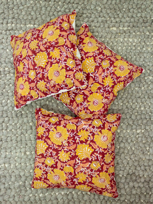 Hand Block Red Jaal Flower Cushion Cover - The Comfy Dreams