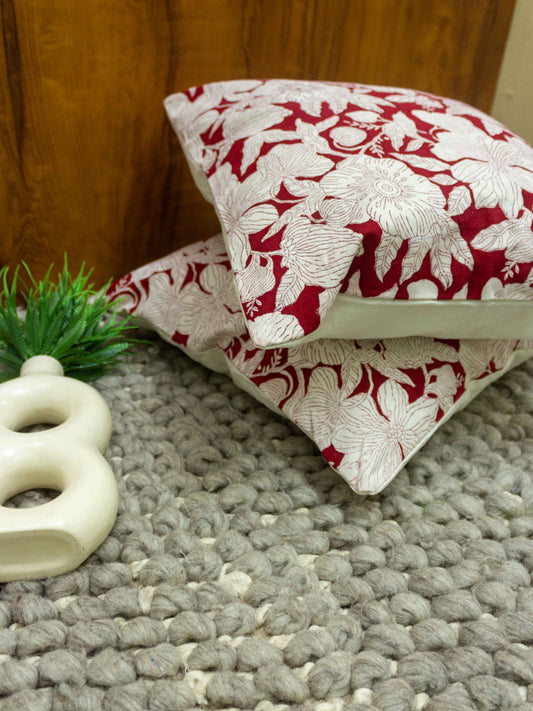 Hand Block Red Flowers Cushion Cover - The Comfy Dreams