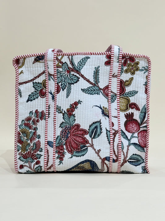 Handblock Printed Quilted Tote Bag with concealed zip - The Comfy Dreams
