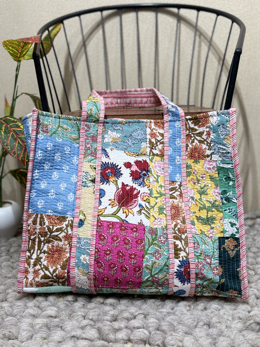 Handblock Patchwork Printed Quilted Tote Bag with magnetic snap closure - The Comfy Dreams