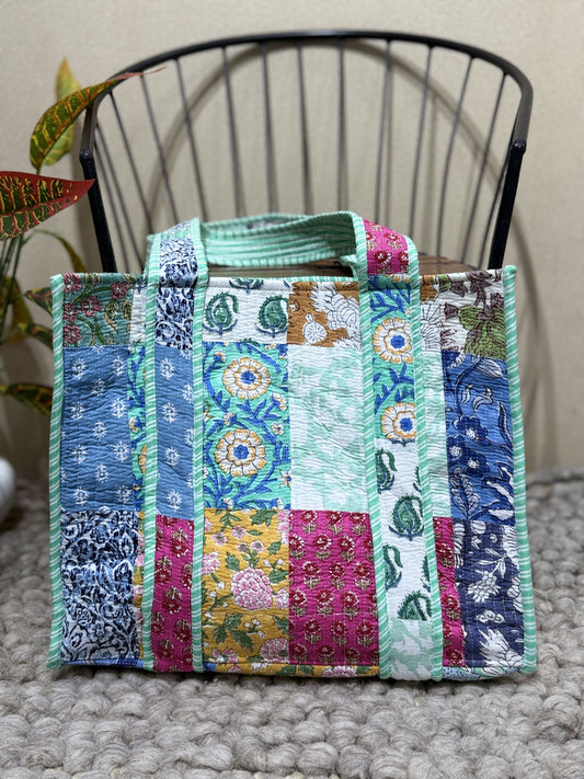 Handblock Patchwork Printed Quilted Tote Bag with magnetic snap closure - The Comfy Dreams
