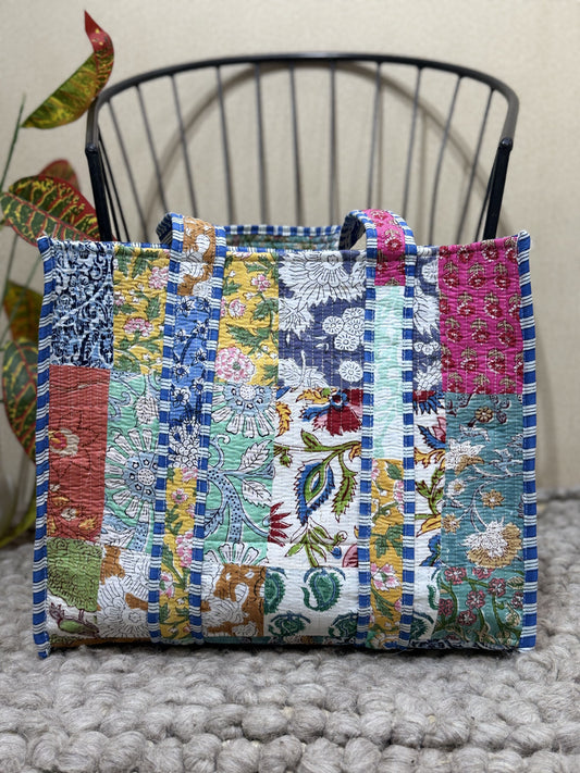 Handblock Patchwork Printed Quilted Tote Bag with magnetic snap closure - The Comfy Dreams