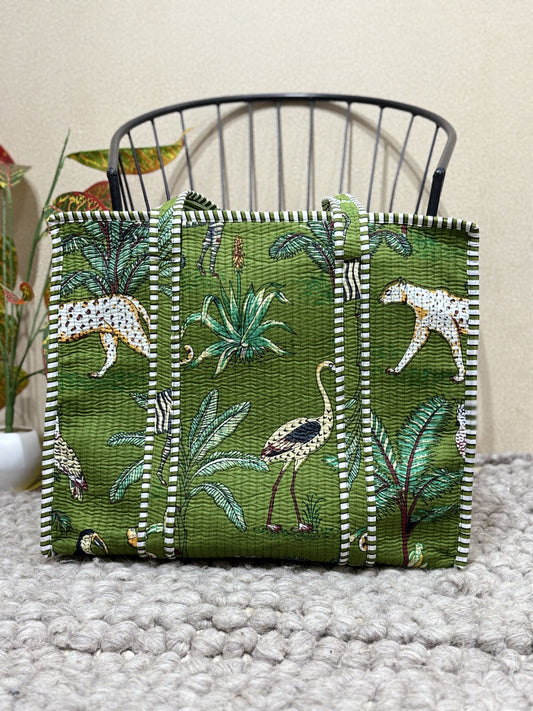 Handblock Printed Quilted Tote Bag with concealed zip - The Comfy Dreams