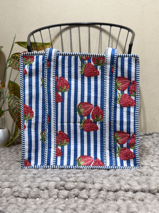 Handblock Printed Quilted Tote Bag with concealed zip - The Comfy Dreams