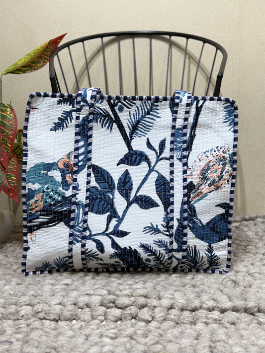 Handblock Printed Quilted Tote Bag with concealed zip - The Comfy Dreams