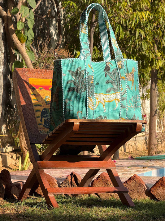 Handblock Printed Quilted Tote Bag with concealed zip - The Comfy Dreams