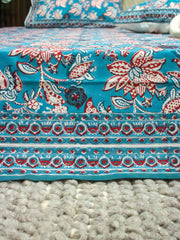 Floral Blue Premium Hand Block Bedsheet