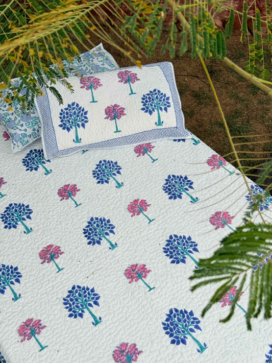 Blue Pink and Green Tree Motif Bedcover