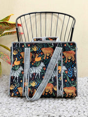 Handblock Printed Quilted Tote Bag with concealed zip