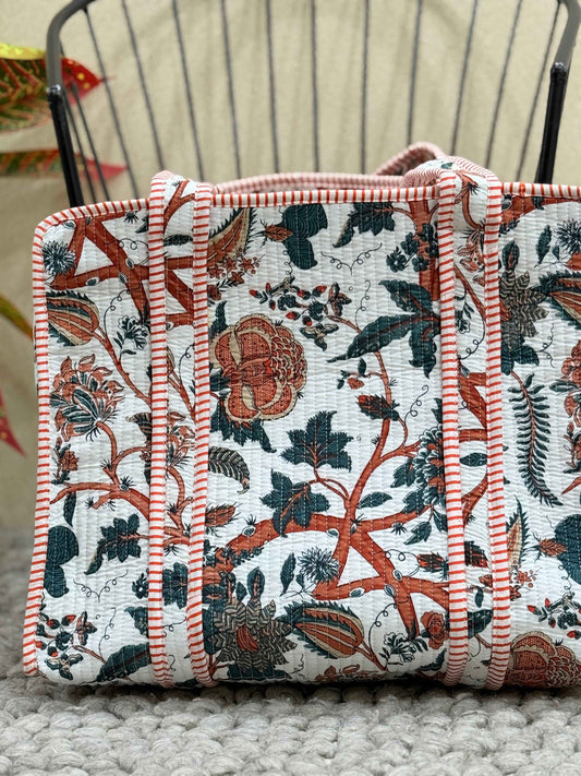 Handblock Printed Quilted Tote Bag with concealed zip
