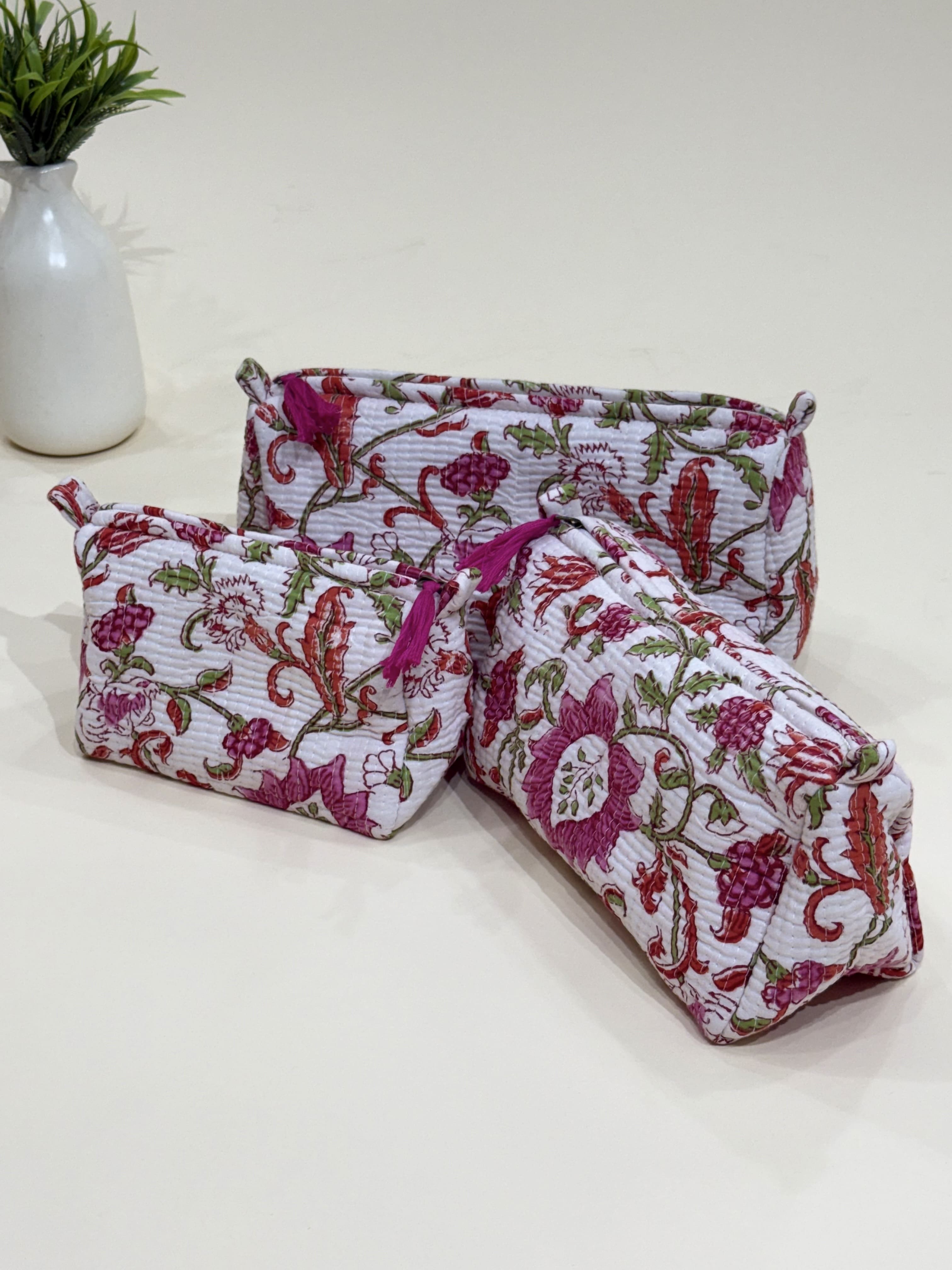Hand Block Quilted  Pouches- Set of Three - The Comfy Dreams