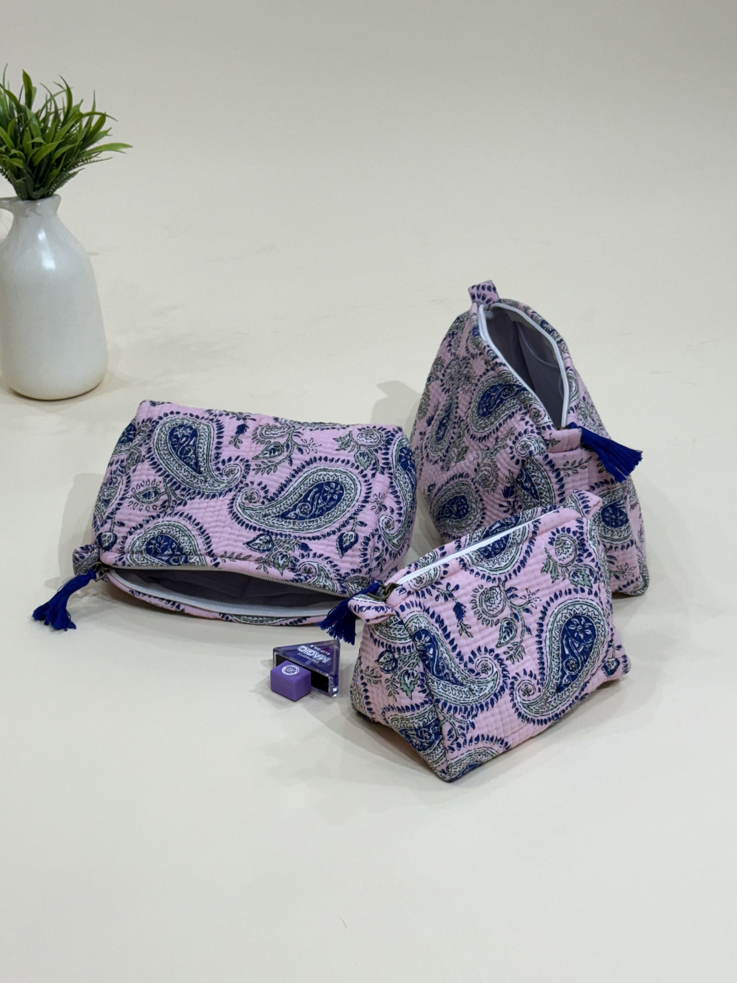 Hand Block Quilted  Pouches- Set of Three - The Comfy Dreams