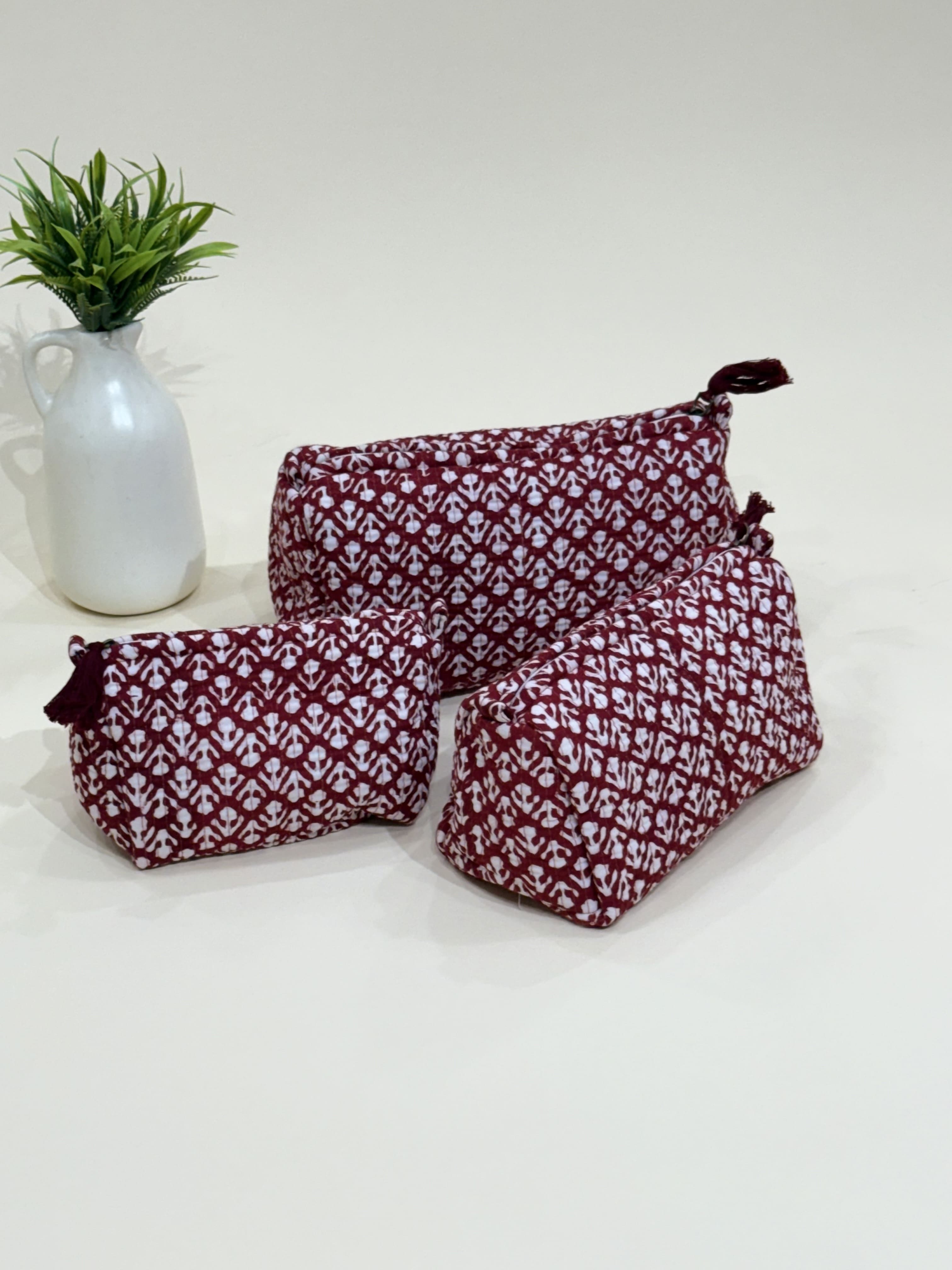 Hand Block Quilted  Pouches- Set of Three - The Comfy Dreams