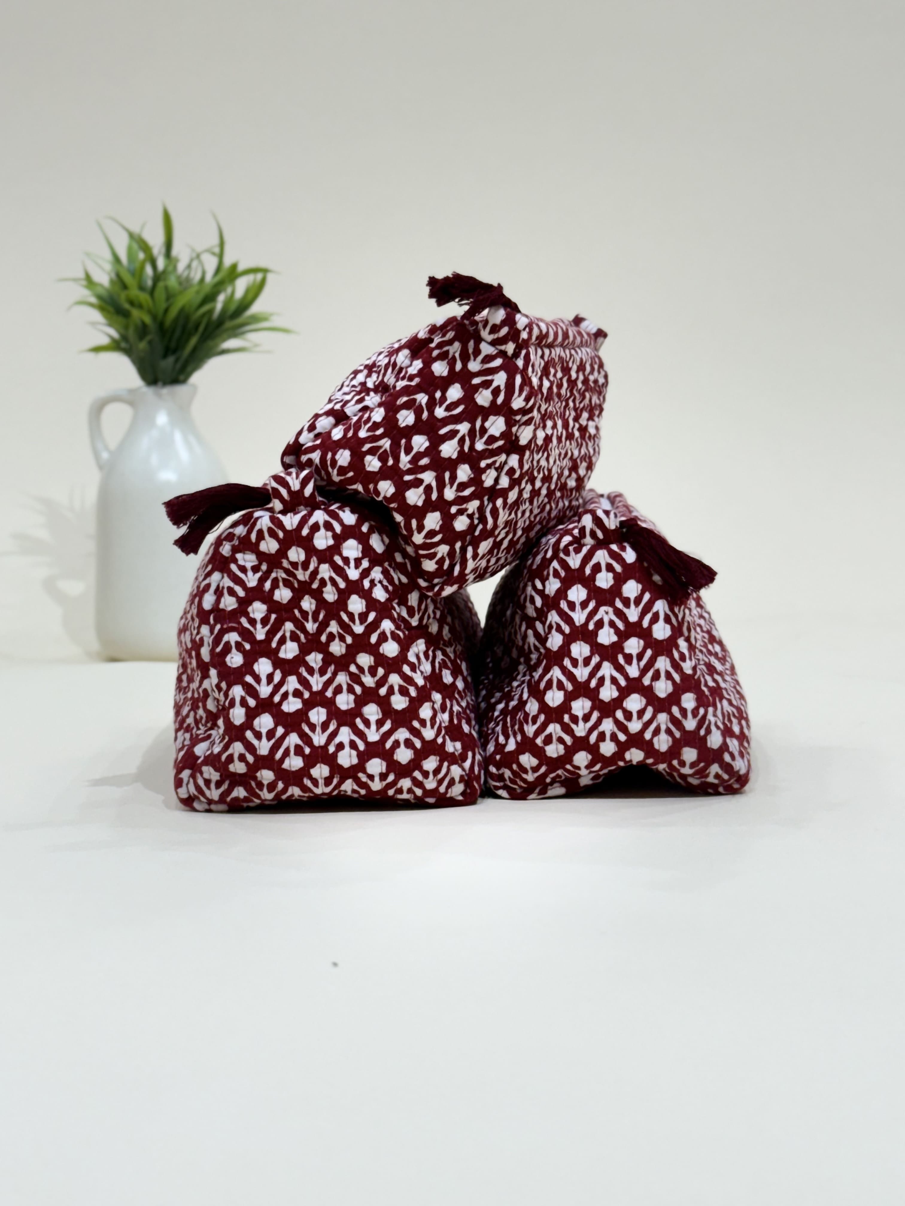Hand Block Quilted  Pouches- Set of Three - The Comfy Dreams