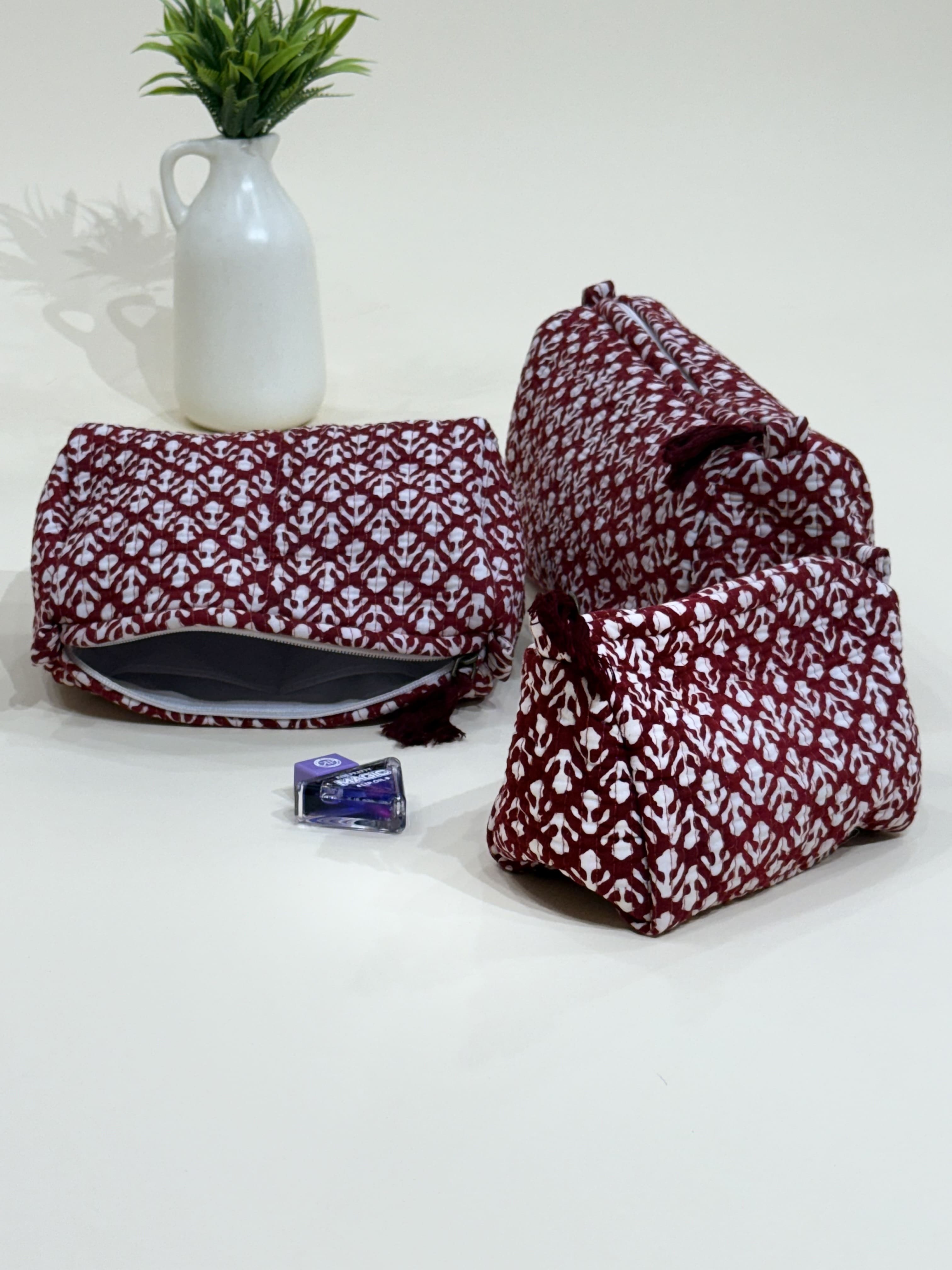 Hand Block Quilted  Pouches- Set of Three - The Comfy Dreams