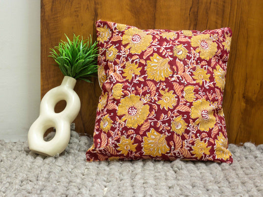Hand Block Red Jaal Flower Cushion Cover