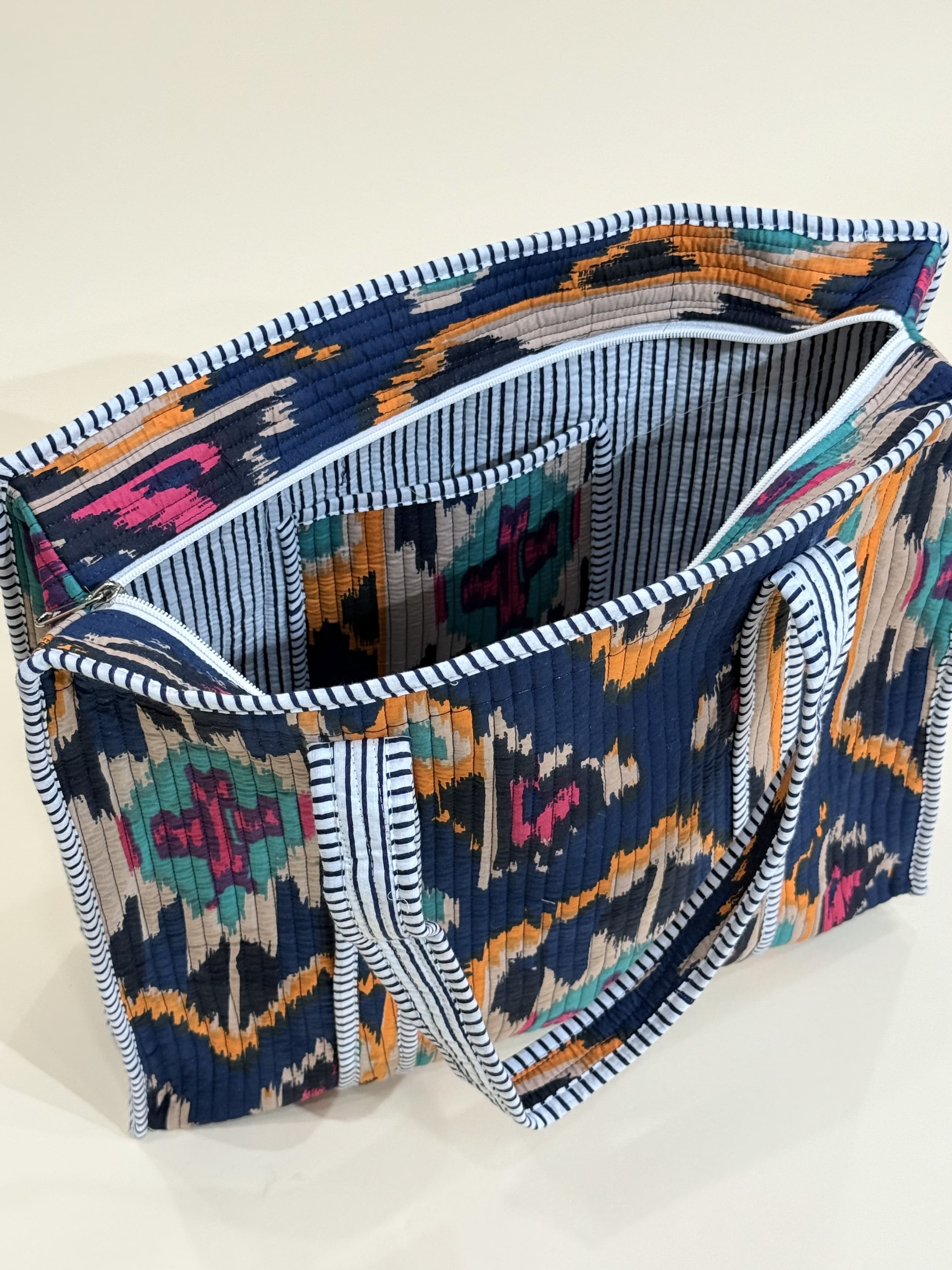 Handblock Printed Quilted Tote Bag with concealed zip - The Comfy Dreams
