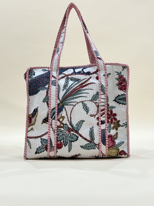 Handblock Printed Quilted Tote Bag with concealed zip - The Comfy Dreams