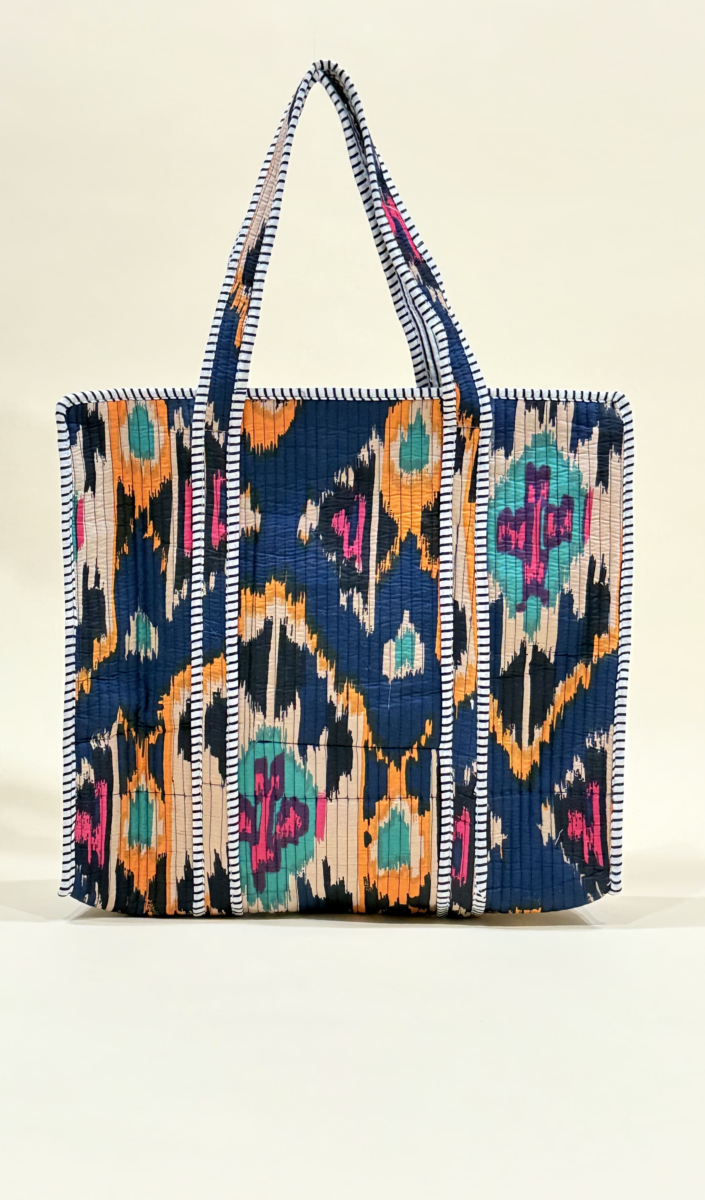 Handblock Printed Quilted Tote Bag with concealed zip - The Comfy Dreams