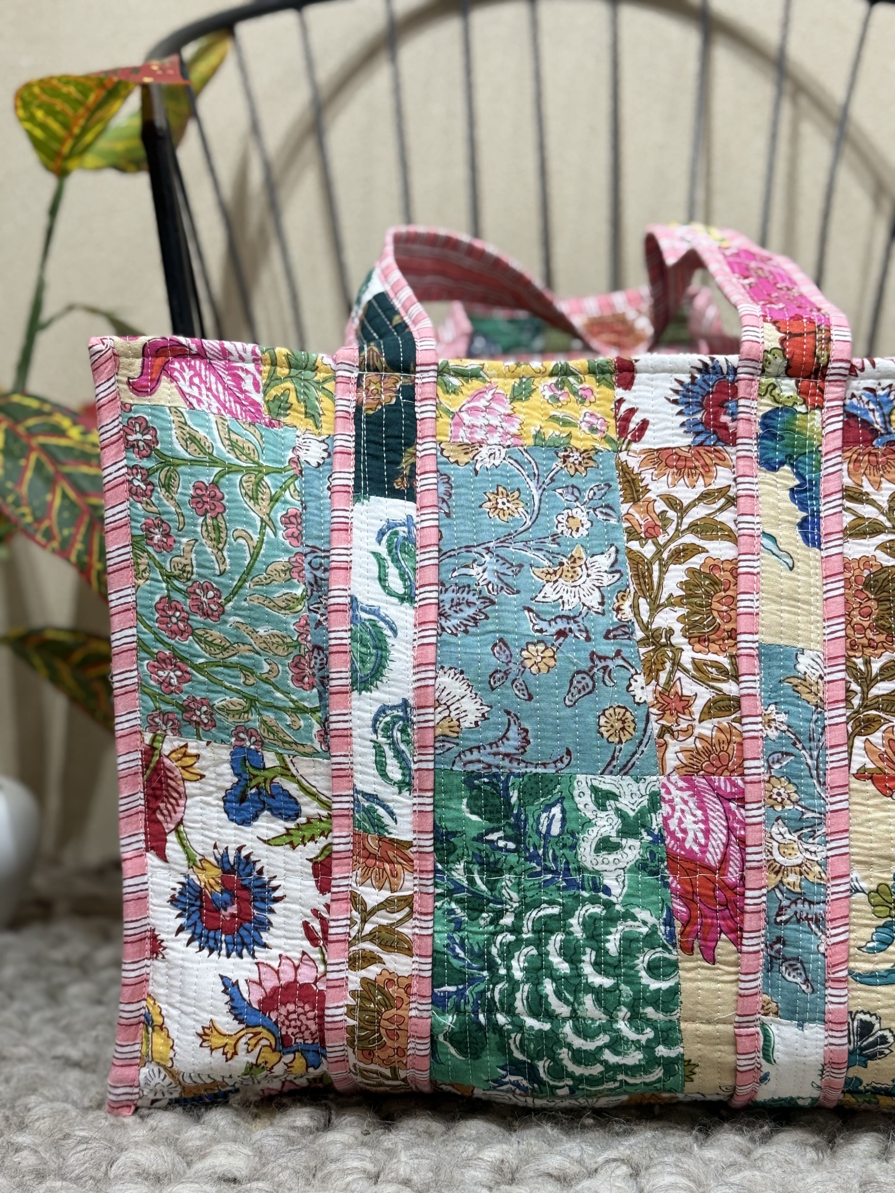 Handblock Patchwork Printed Quilted Tote Bag with magnetic snap closure - The Comfy Dreams
